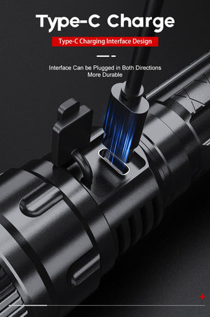 LED Flashlight - With Zoom Function & Waterproof - LED Flashlight - With Zoom Function & Waterproof - Battery-Powered Flashlight - USB Rechargeable - Long Battery Life - 3 Light Modes (Strong / Low / Flash)USB Rechargeable - Long Battery Life - 3 Light Mo