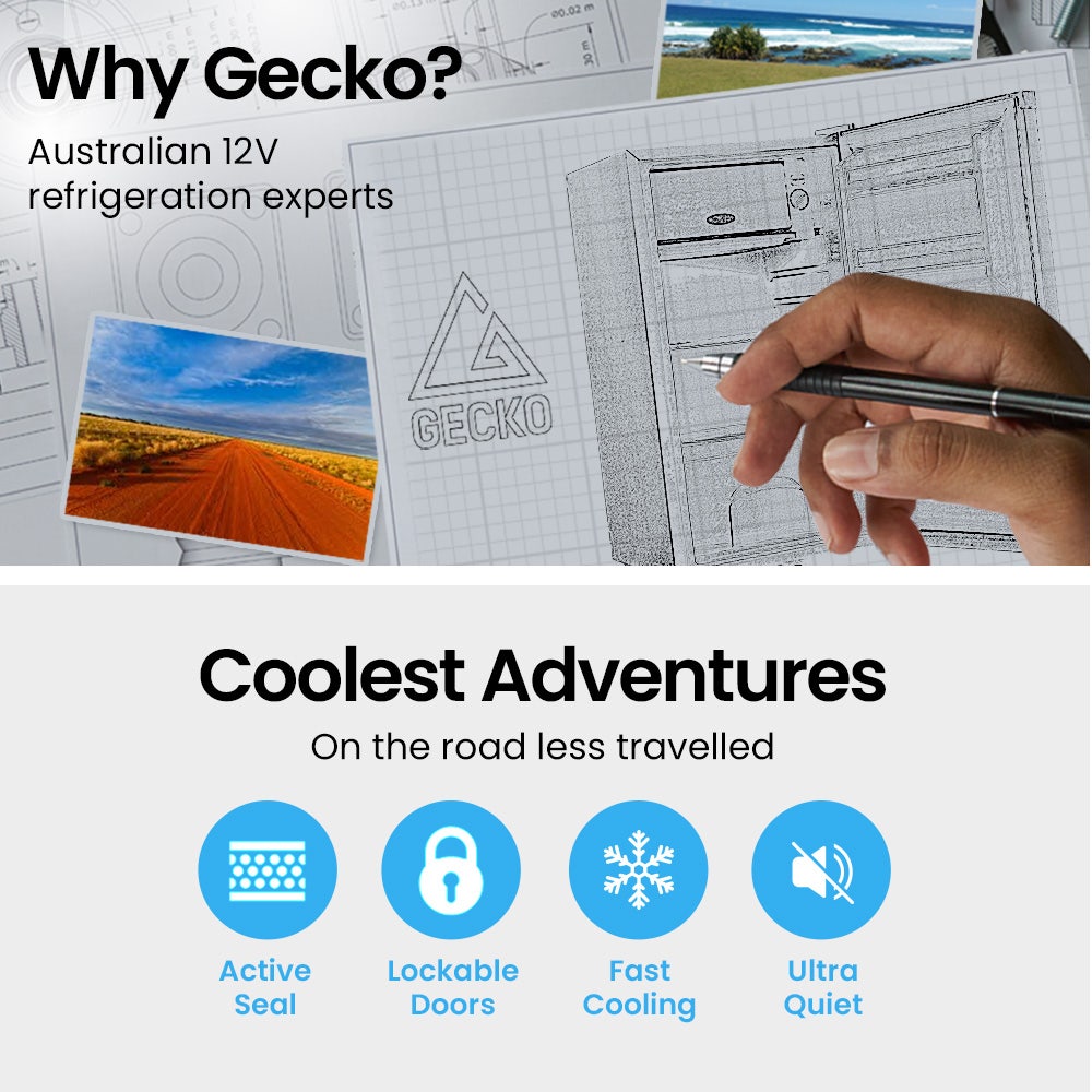 GECKO 70L Portable Bar Fridge and Freezer 12V/24V for Camping, Caravans, Black