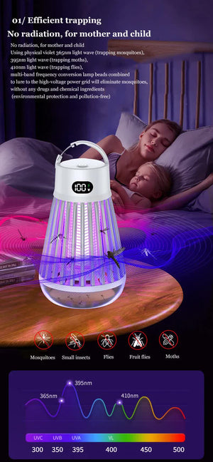 2-in-1 Rechargeable Mosquito Zapper & Camping Lantern - 2000V Electric Insect Killer with Smart Digital Display - 2000mAh Battery Portable Bug Trap for Outdoor Tent Patio & Home - IPX5 Waterproof - Black