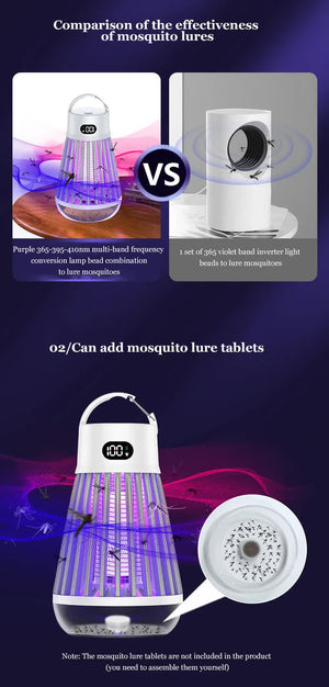 2-in-1 Rechargeable Mosquito Zapper & Camping Lantern - 2000V Electric Insect Killer with Smart Digital Display - 2000mAh Battery Portable Bug Trap for Outdoor Tent Patio & Home - IPX5 Waterproof - Black