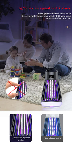2-in-1 Rechargeable Mosquito Zapper & Camping Lantern - 2000V Electric Insect Killer with Smart Digital Display - 2000mAh Battery Portable Bug Trap for Outdoor Tent Patio & Home - IPX5 Waterproof - Black