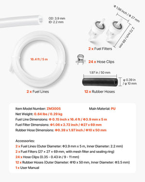 Fuel Pipe Hose Line Kit, 5000mm Diesel Heater Fuel Line Kit, Replaceable Parking Heater Fuels Lines Kits with Lines Filters Clips & Hoses, Tank Diesel Heater Accessories for 2KW 5KW 8KW Heaters